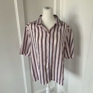 Vintage Pykettes Womens Navy and Red Striped Short Sleeve Button Up Blouse Sz 16